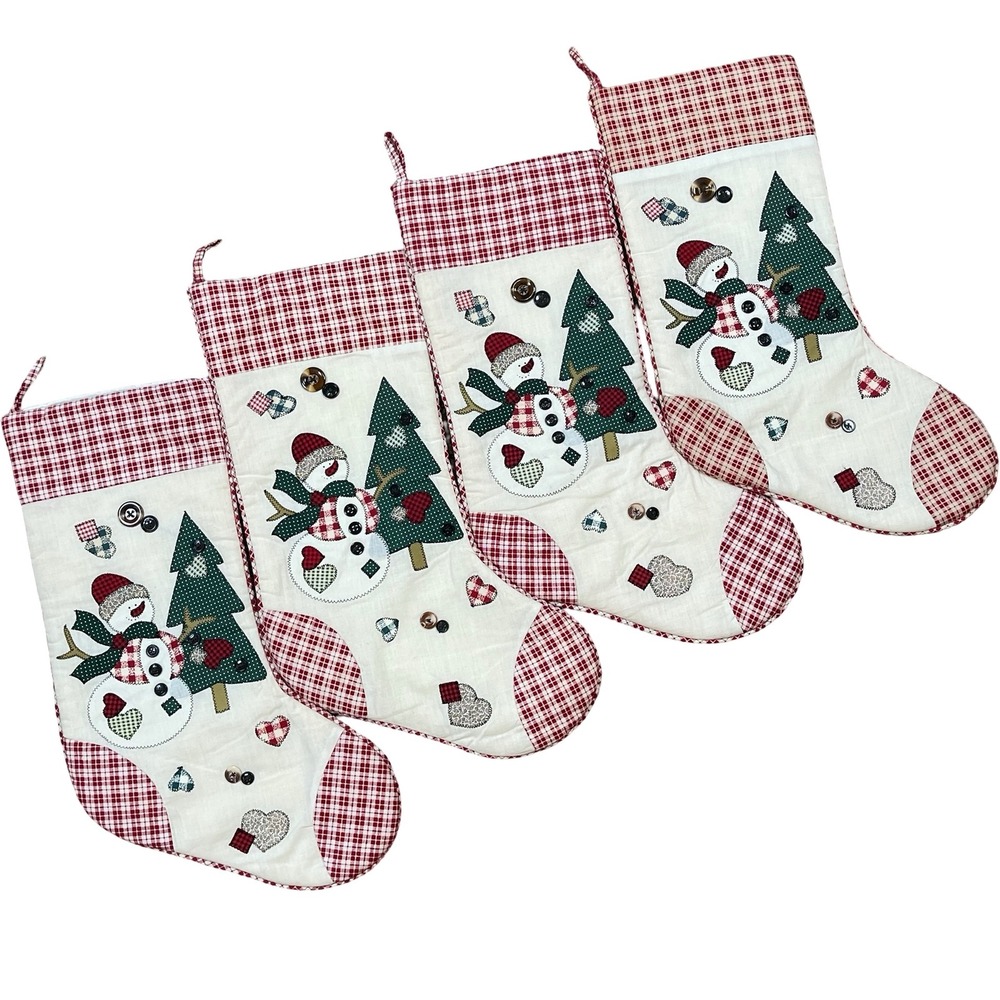 Vintage Christmas Stockings Snowman 4 Red White Plaid Applique Button Rustic